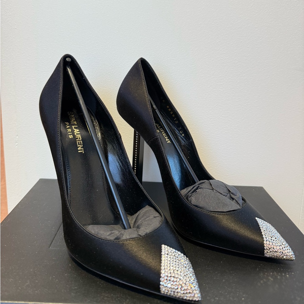 Saint Laurent Tower 110 Strass Black Satin Heels with Crystal Embellishments - Picture 2 of 6